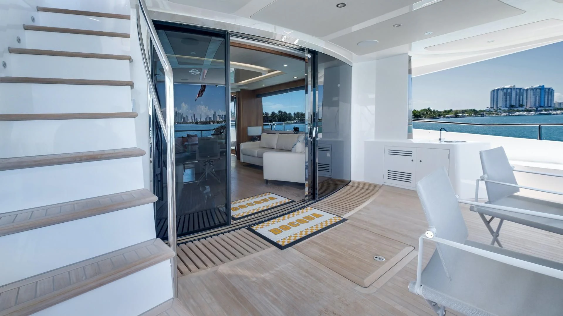 a room with a view of the city aboard SKYCHASER Yacht for Sale