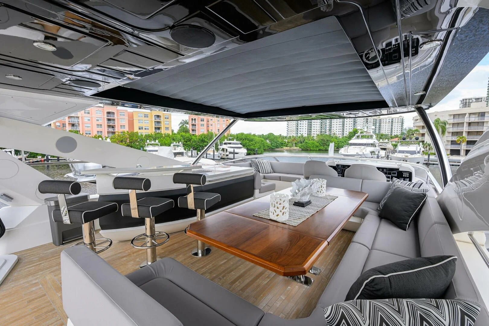 inside of a building with a table and chairs aboard SKYCHASER Yacht for Sale