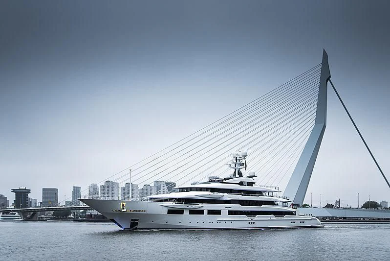 a large white boat in the water aboard SHODAN Yacht for Sale