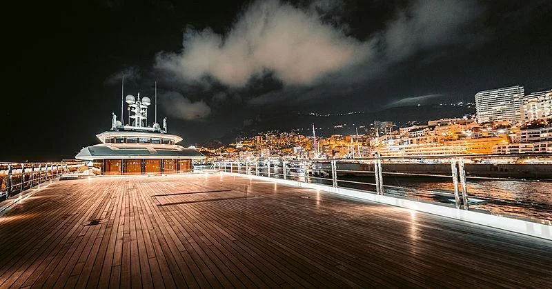 a large ship on a dock aboard SHODAN Yacht for Sale
