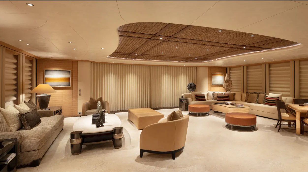 a large living room with a large ceiling aboard SHODAN Yacht for Sale