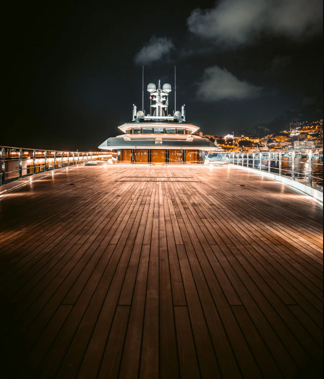 a large boat on a dock aboard SHODAN Yacht for Sale