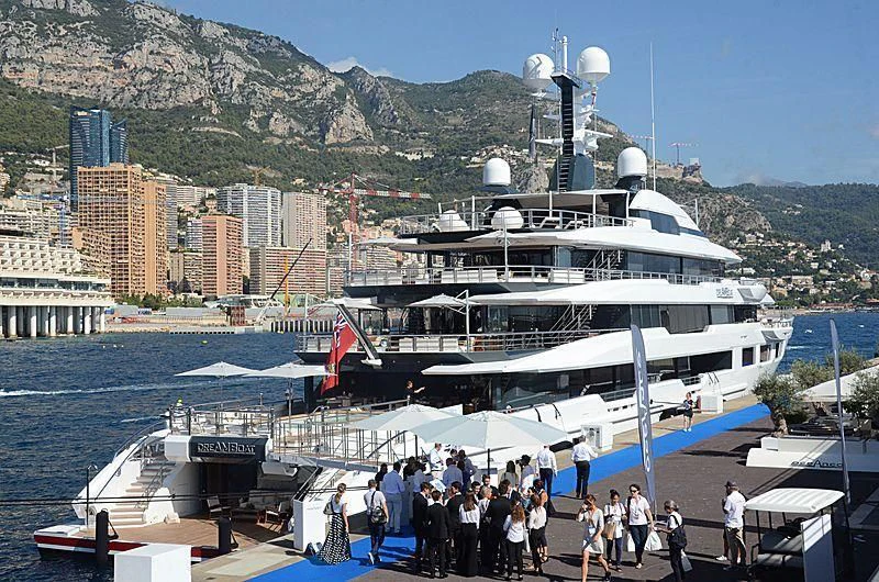 a large ship docked at a pier aboard SHODAN Yacht for Sale
