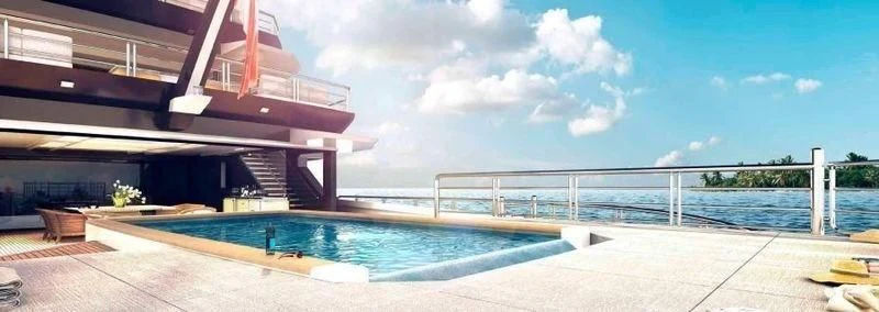 a pool next to a building aboard SHODAN Yacht for Sale