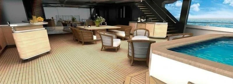 a room with a pool table and chairs and a large window aboard SHODAN Yacht for Sale