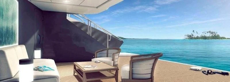 a balcony overlooking a body of water aboard SHODAN Yacht for Sale
