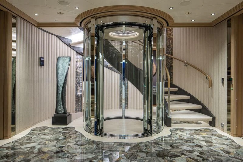 a large glass door in a room aboard SHODAN Yacht for Sale