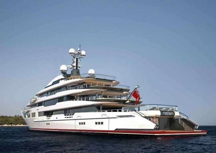 a large white ship aboard SHODAN Yacht for Sale