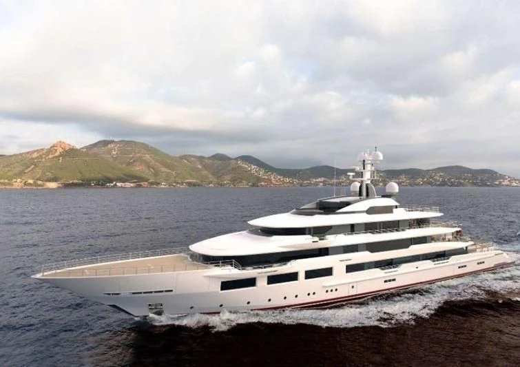 a white yacht on a beach aboard SHODAN Yacht for Sale