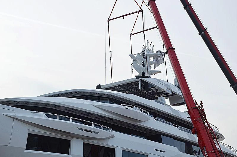 a white boat with red trim aboard SHODAN Yacht for Sale