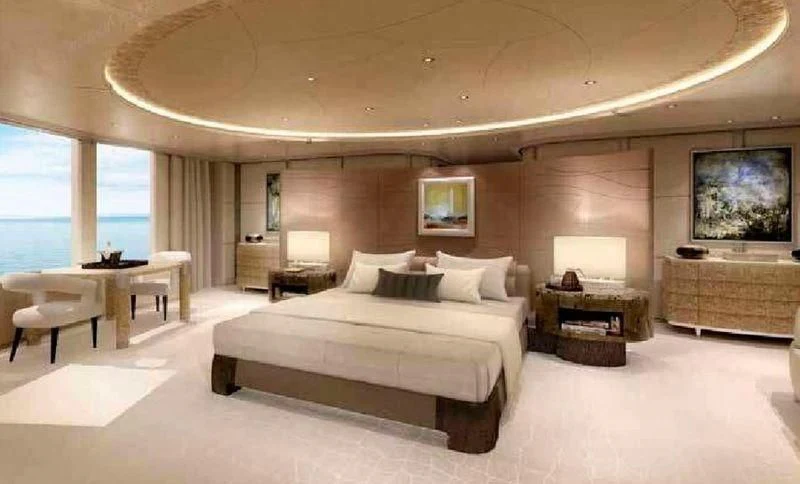 a large bedroom with a large bed aboard SHODAN Yacht for Sale