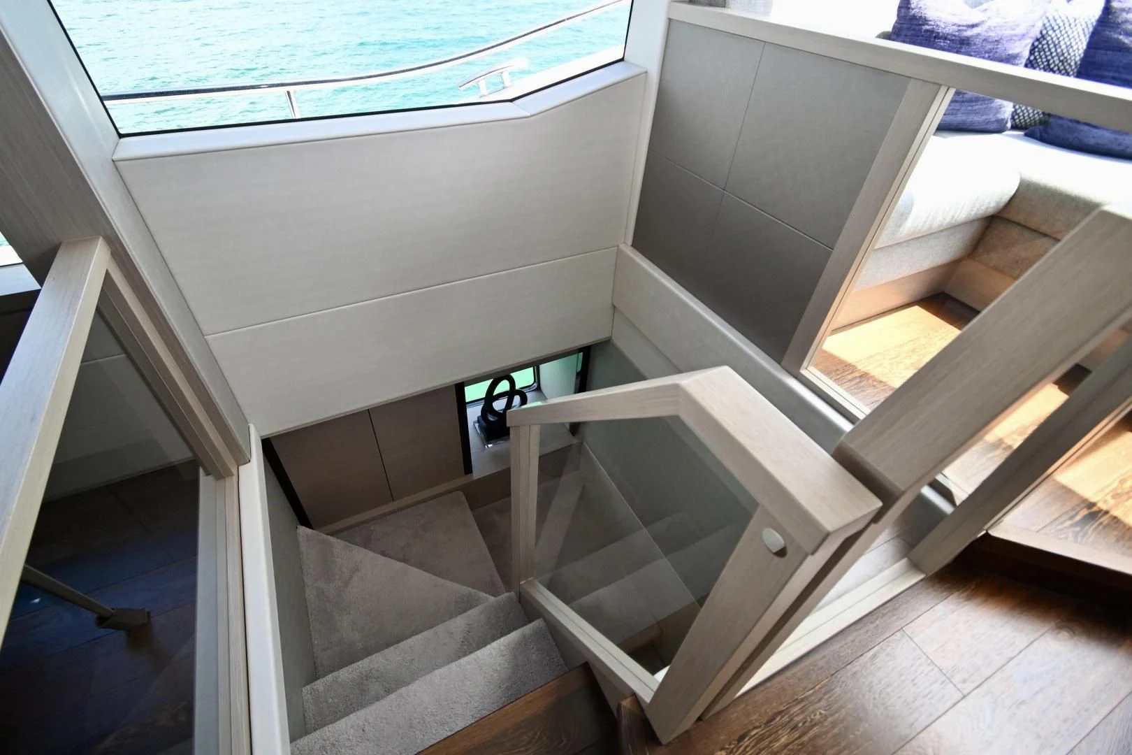 a staircase with a railing aboard DO IT ANYWAY Yacht for Sale