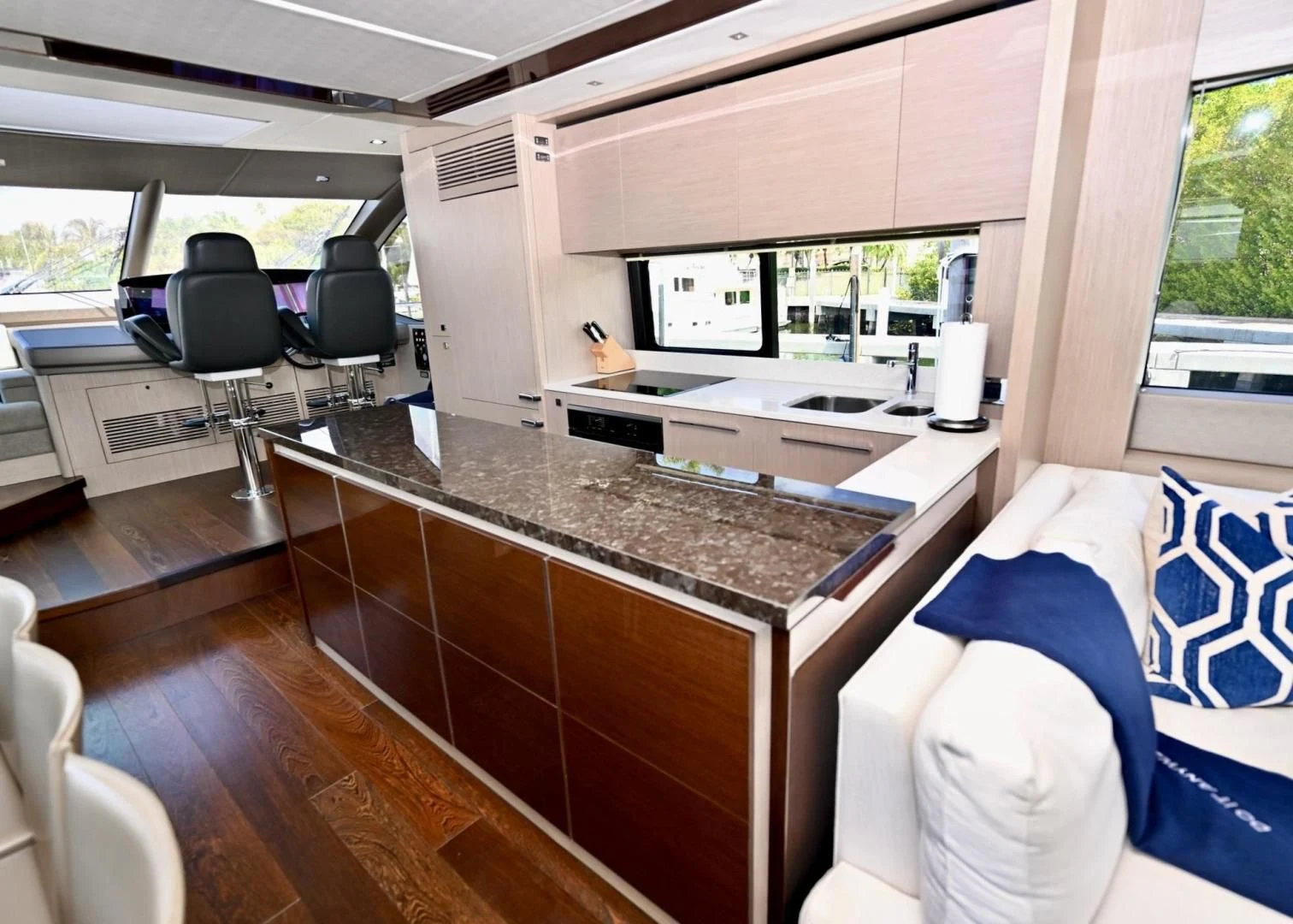 a kitchen with a large island aboard DO IT ANYWAY Yacht for Sale