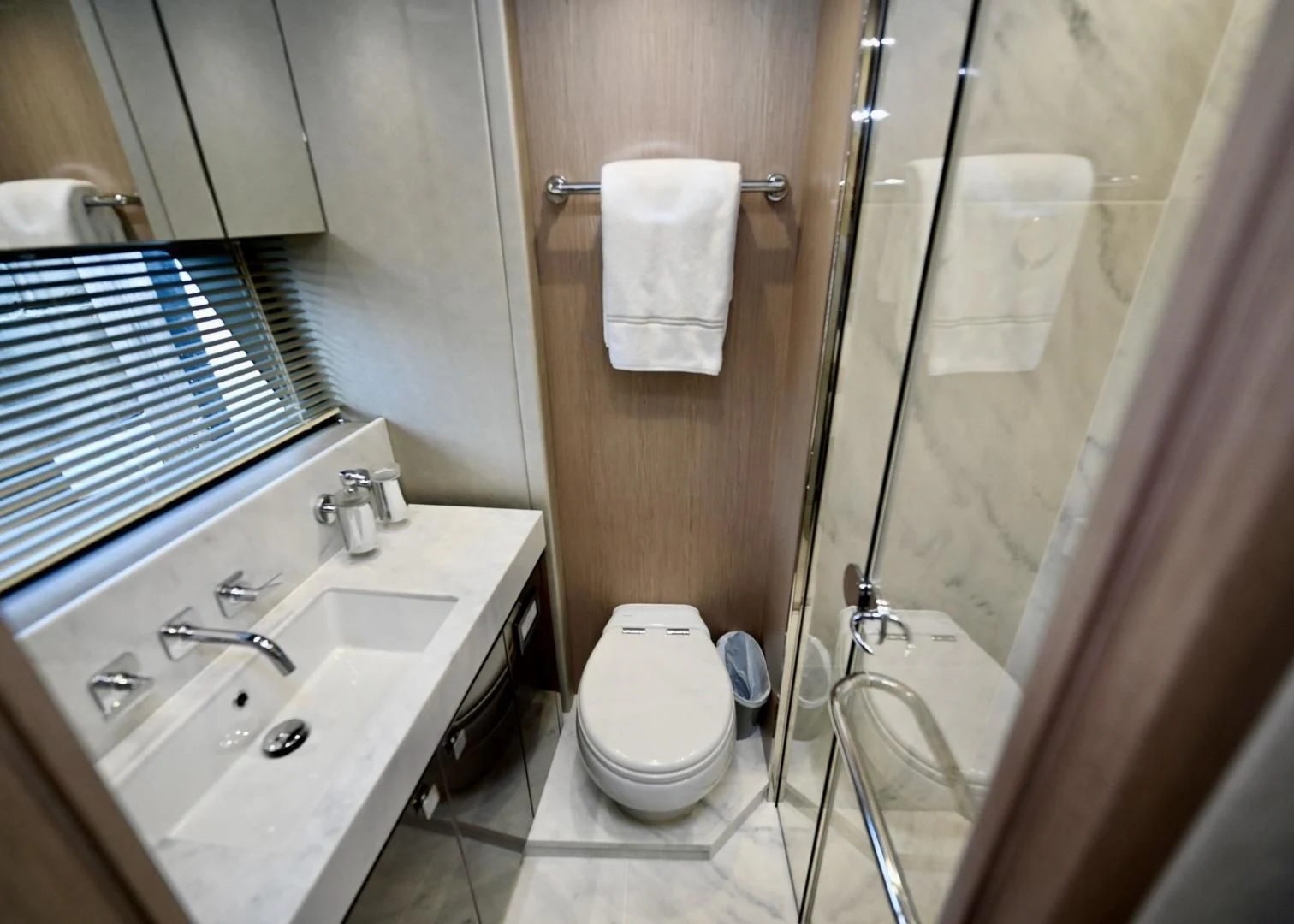 a bathroom with a sink and a shower aboard DO IT ANYWAY Yacht for Sale