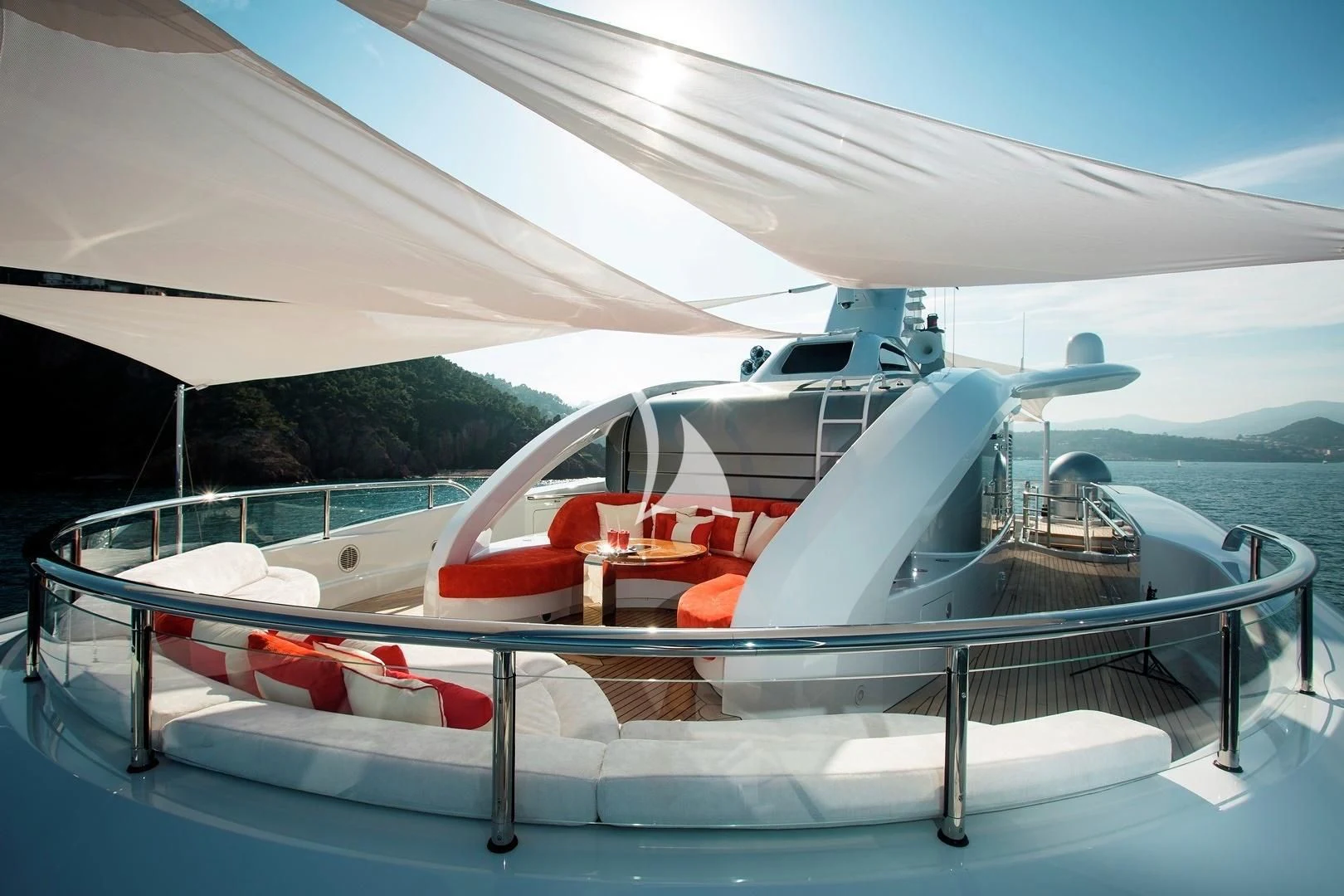 a white airplane with a red stripe aboard ARIENCE Yacht for Sale