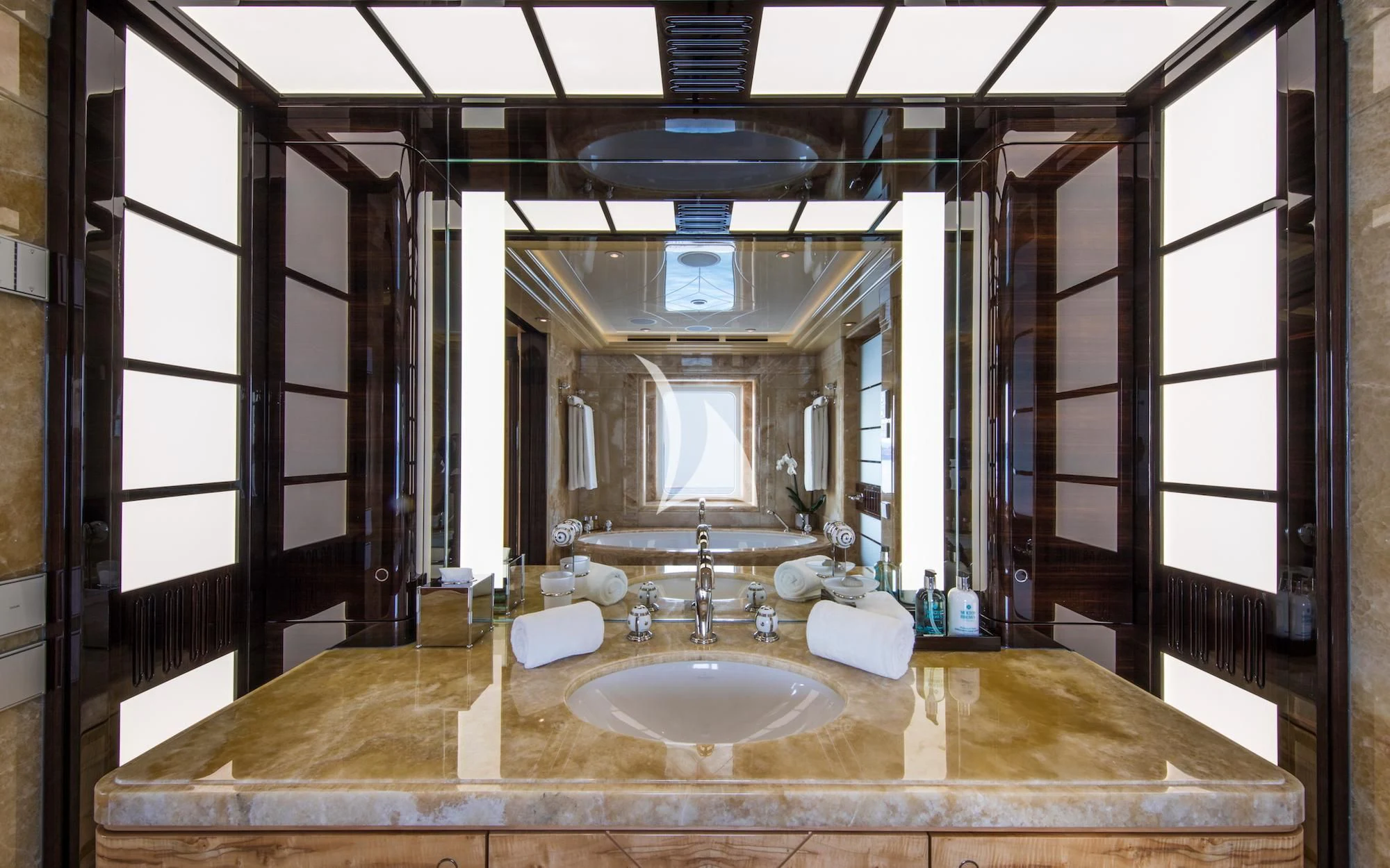 a bathroom with a large countertop aboard ARIENCE Yacht for Sale