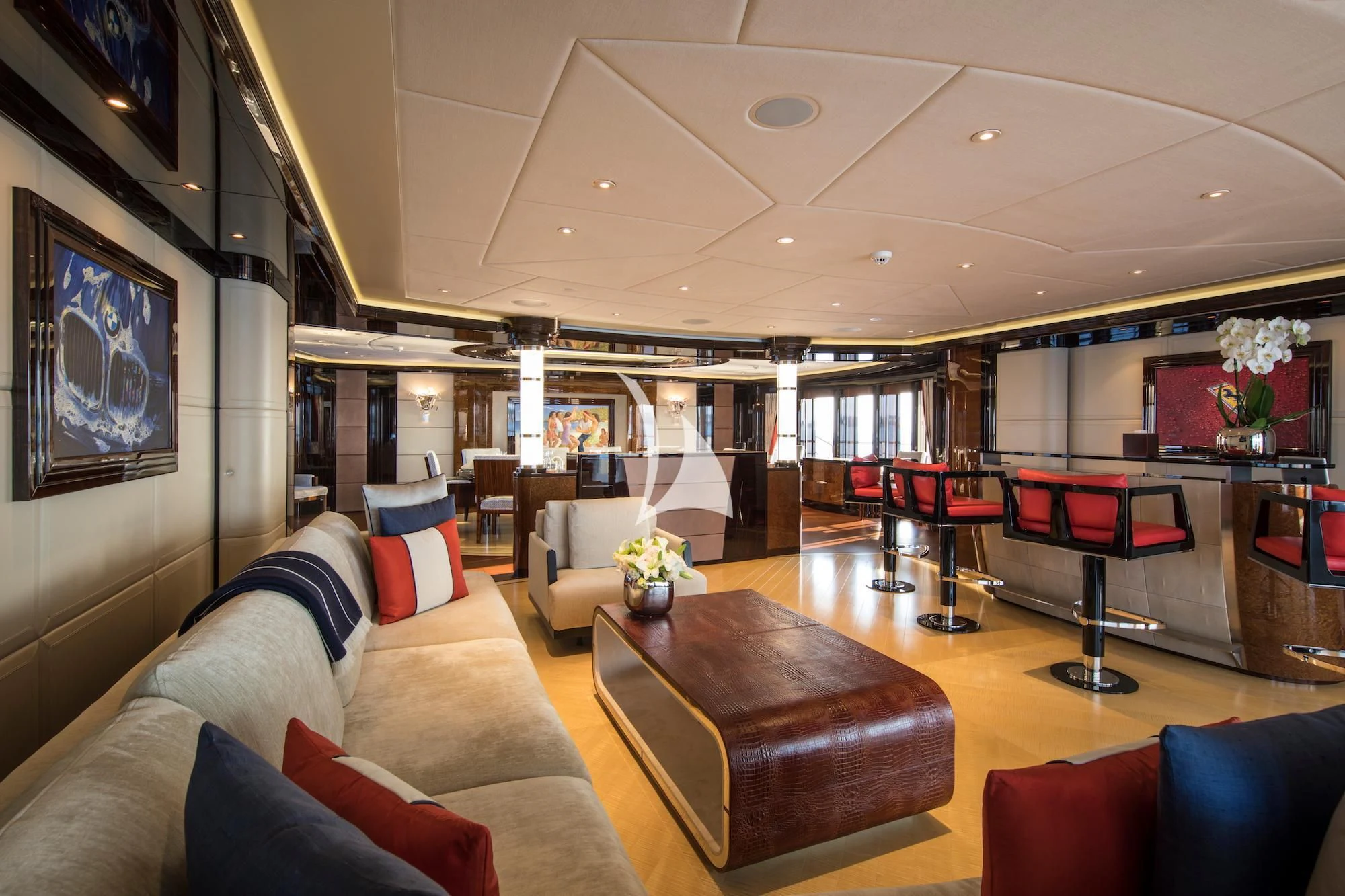 a living room with a piano and a piano aboard ARIENCE Yacht for Sale