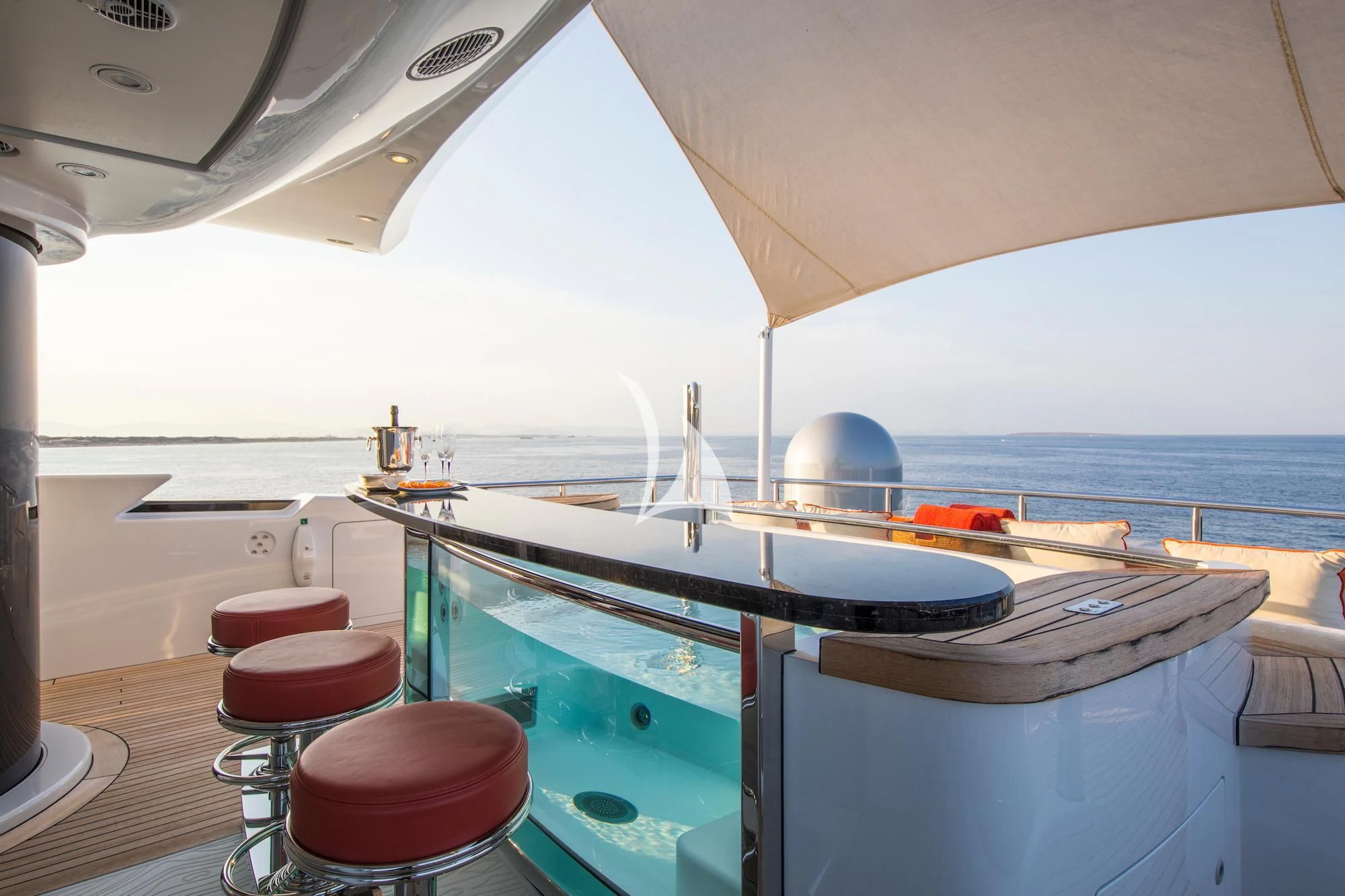 a large kitchen with a large window aboard ARIENCE Yacht for Sale