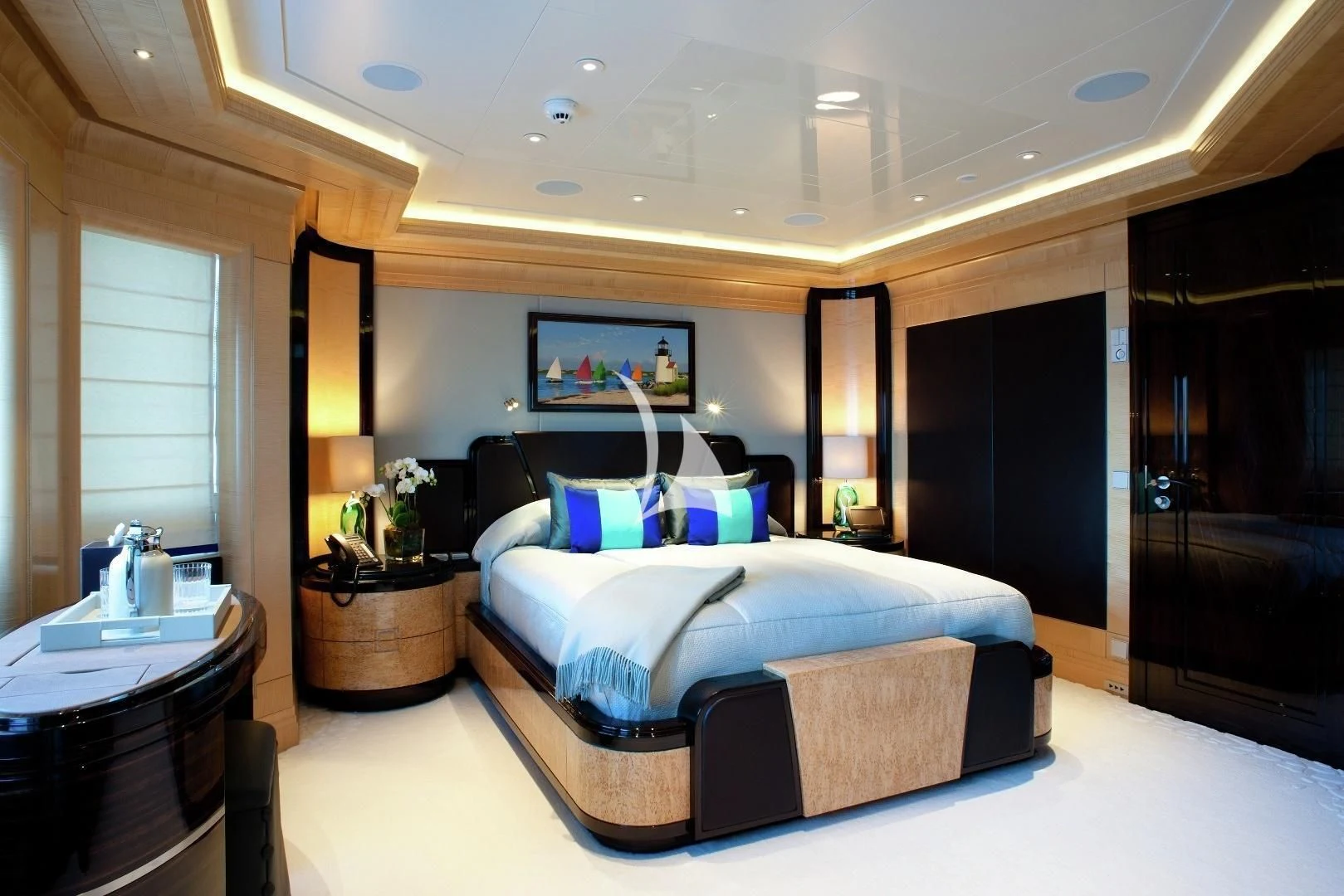 a bed in a room aboard ARIENCE Yacht for Sale