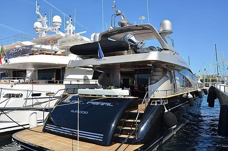 a boat docked at a pier aboard BLACK PEARL Yacht for Sale