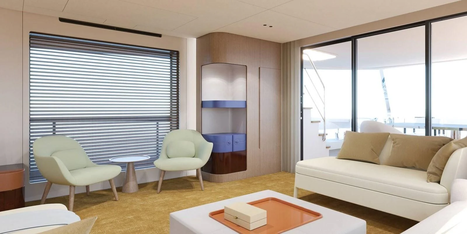 a living room with a couch and a window aboard AZIMUT GRANDE 26/25 Yacht for Sale