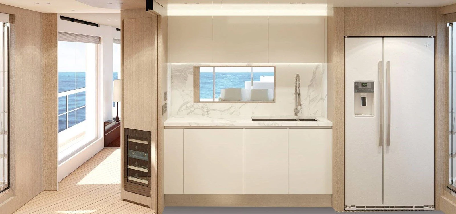 a kitchen with a large window aboard AZIMUT GRANDE 26/25 Yacht for Sale