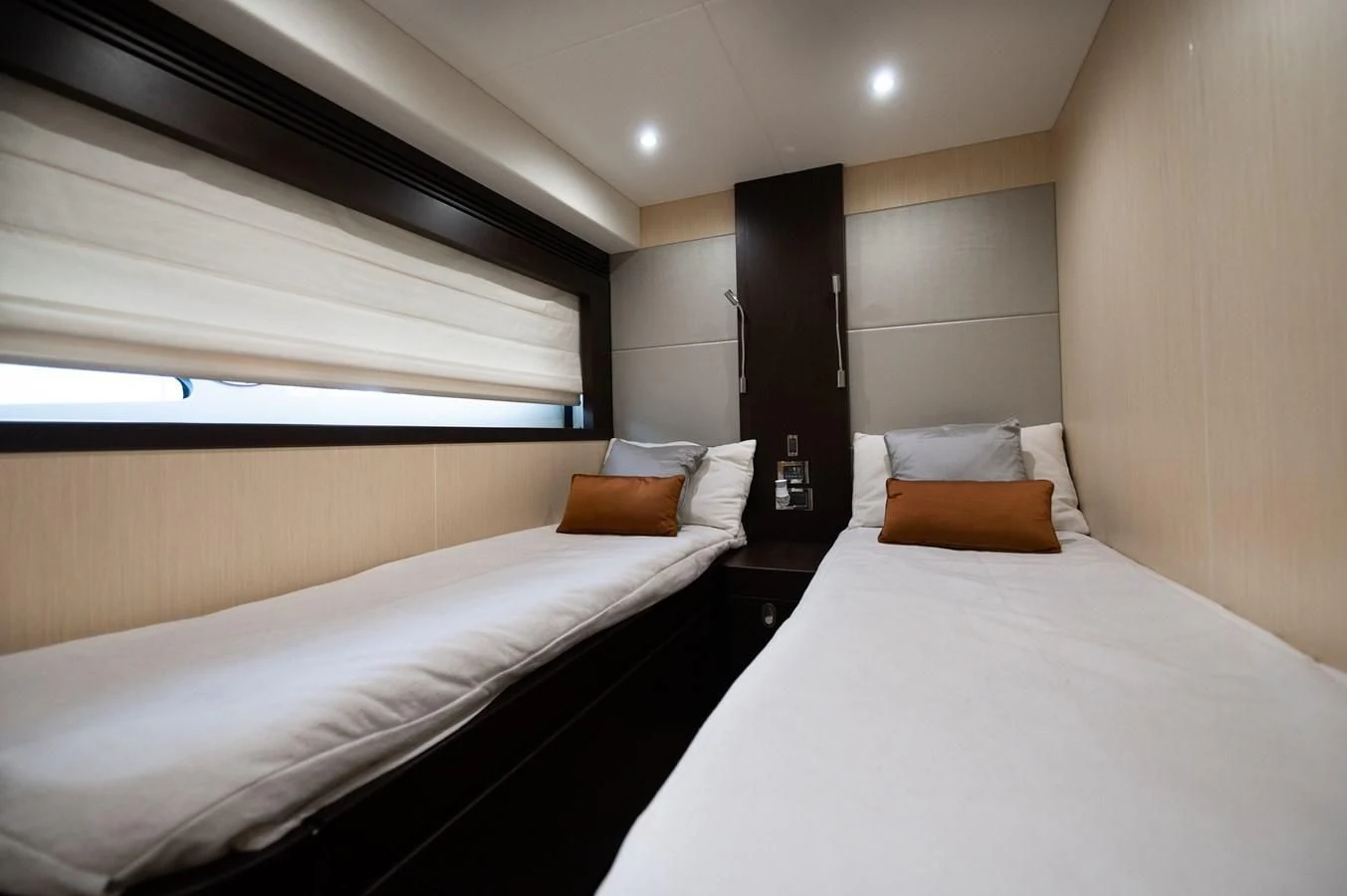 a couple of beds in a hotel room aboard SUNSEEKER 75 YACHT Yacht for Sale