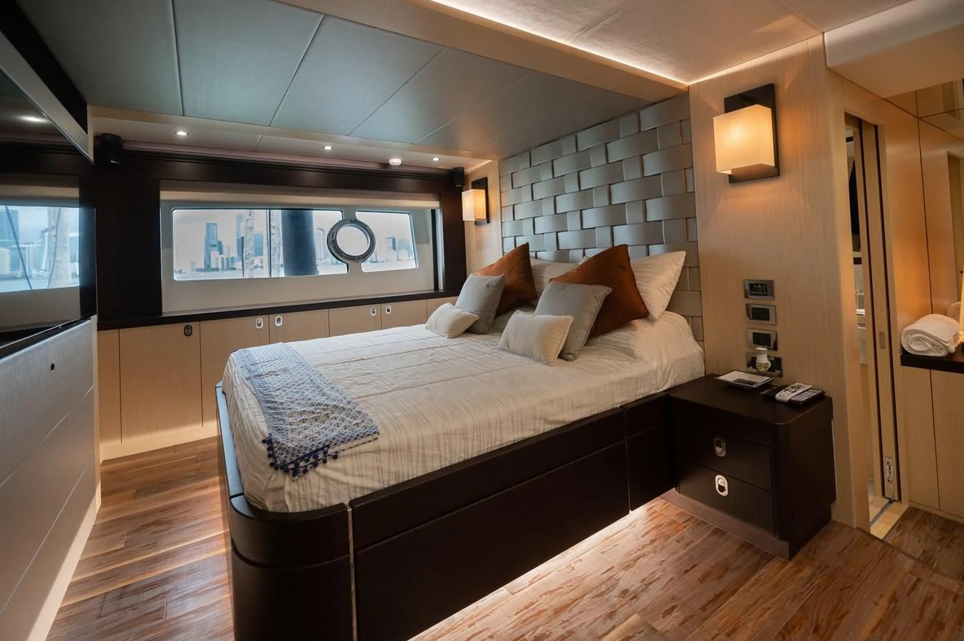 a bed in a room aboard SUNSEEKER 75 YACHT Yacht for Sale