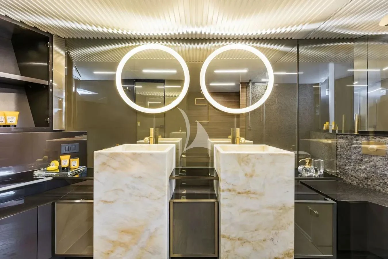 a large kitchen with a large white round window aboard DATE NIGHT Yacht for Sale