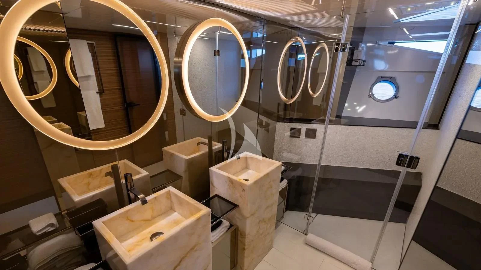 a bathroom with a large mirror aboard DATE NIGHT Yacht for Sale