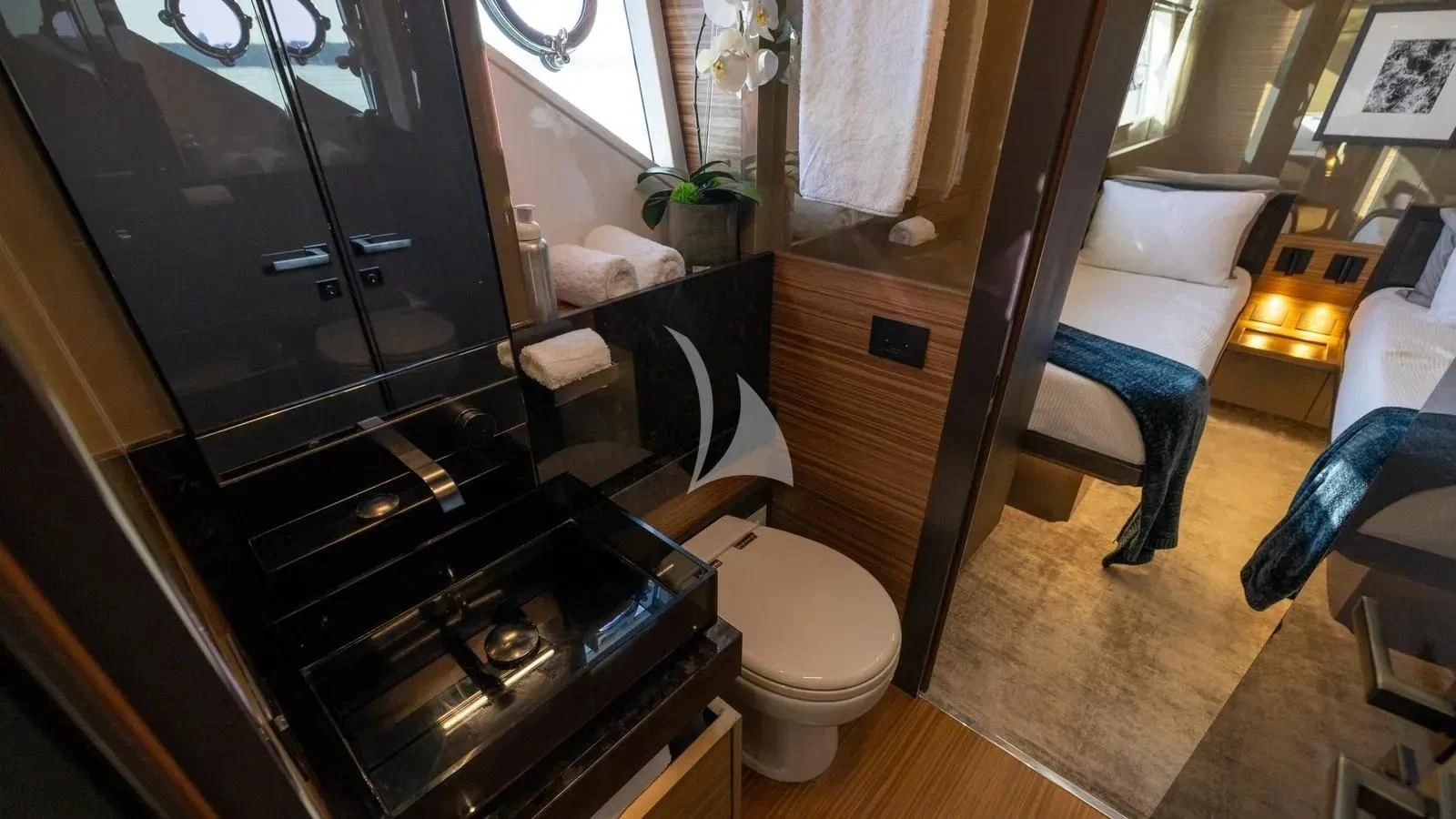 a bathroom with a large mirror aboard DATE NIGHT Yacht for Sale