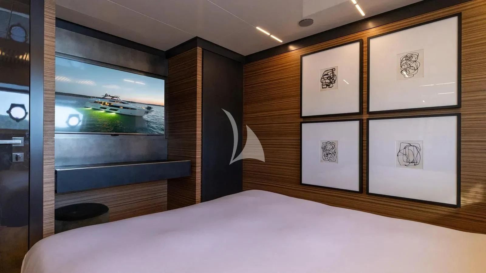 a room with a bed and a window aboard DATE NIGHT Yacht for Sale