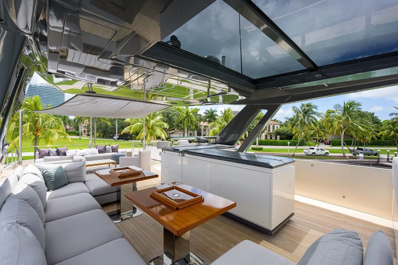 a living room with a large open roof aboard DATE NIGHT Yacht for Sale