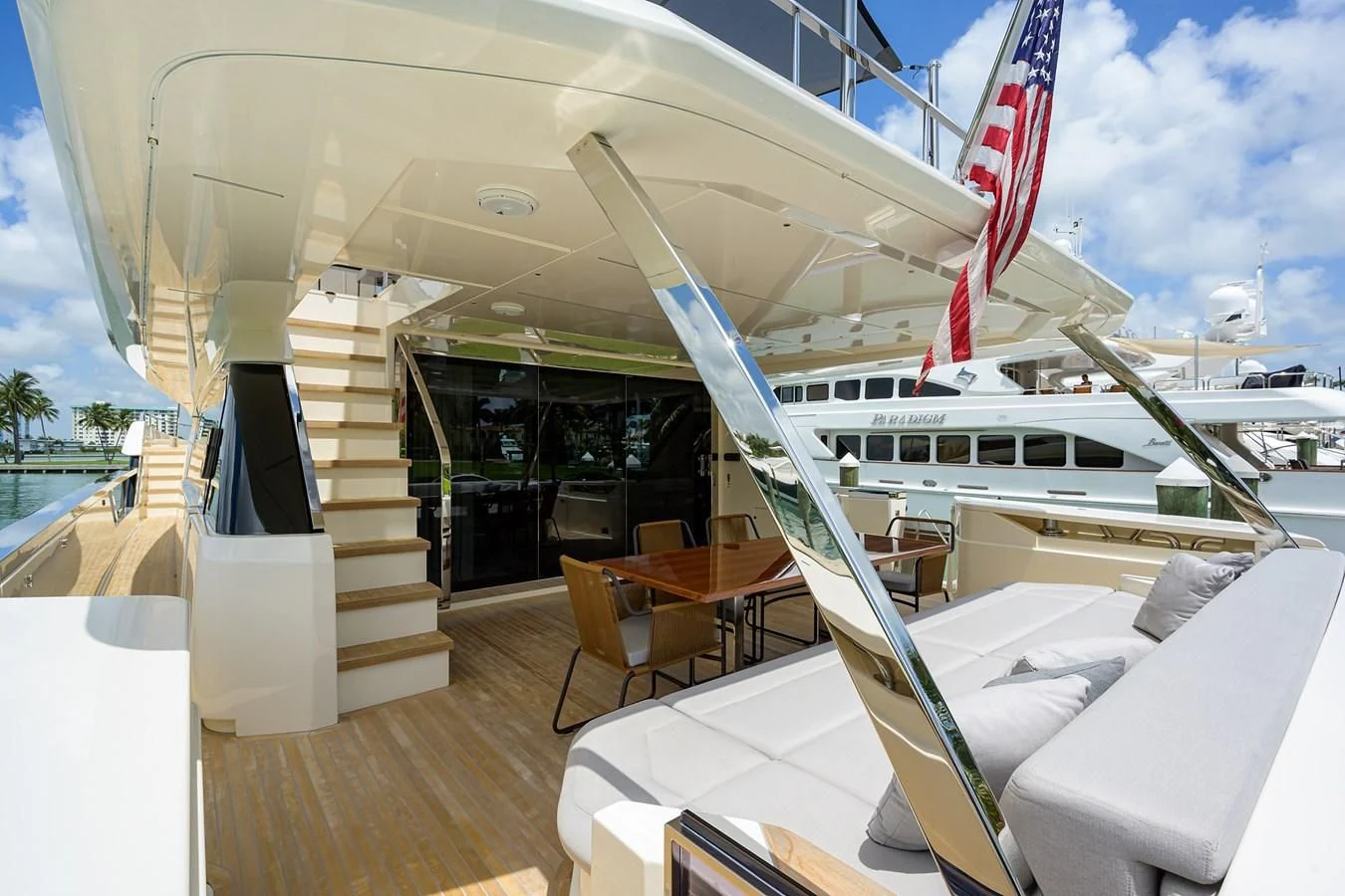a large white boat in a building aboard DATE NIGHT Yacht for Sale