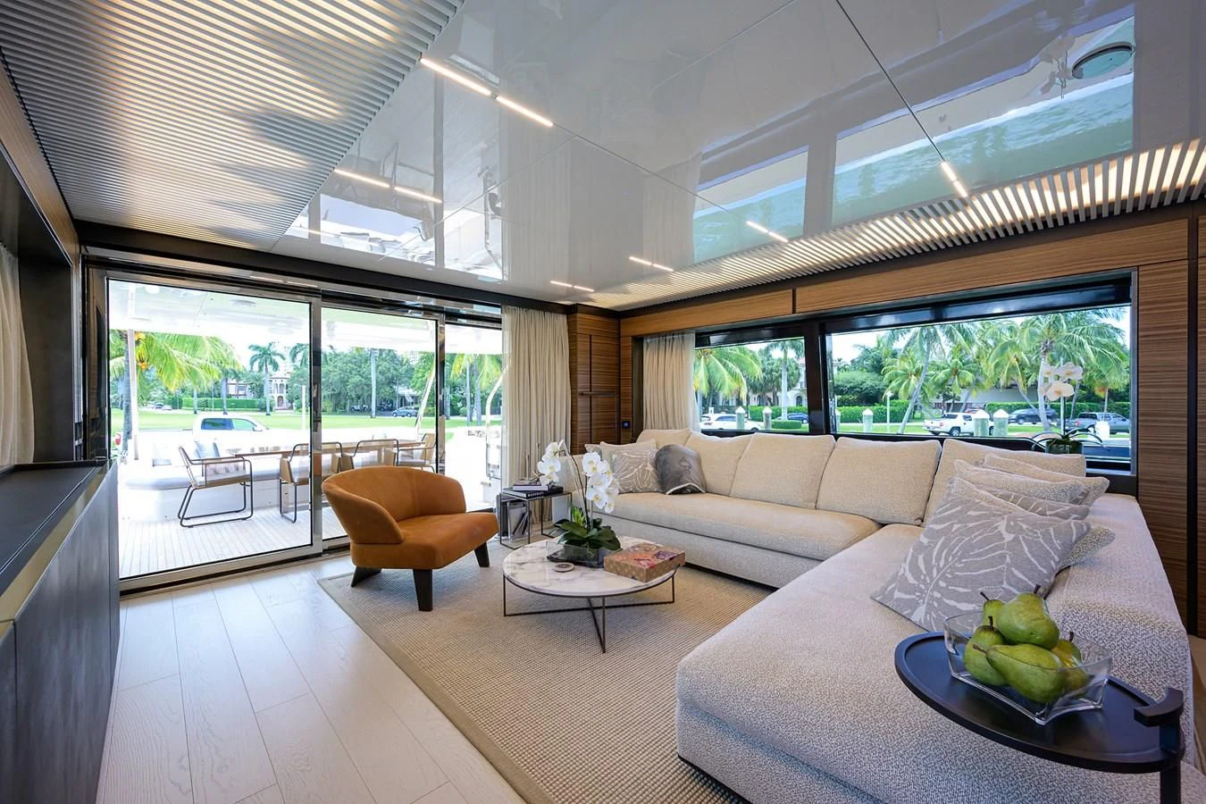 a living room with a large window aboard DATE NIGHT Yacht for Sale