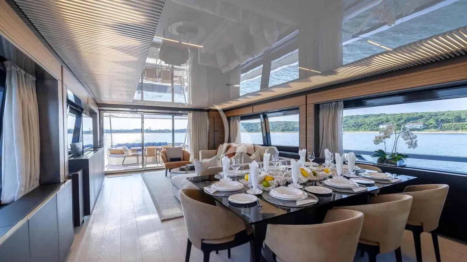a dining room with a large table aboard DATE NIGHT Yacht for Sale