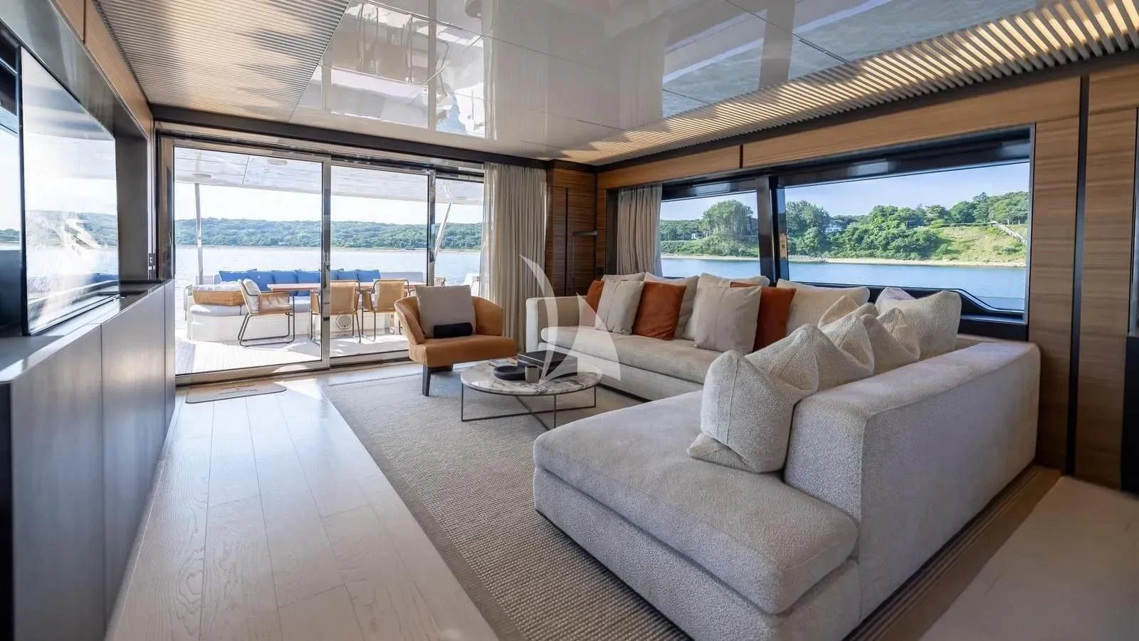 a living room with a large window aboard DATE NIGHT Yacht for Sale