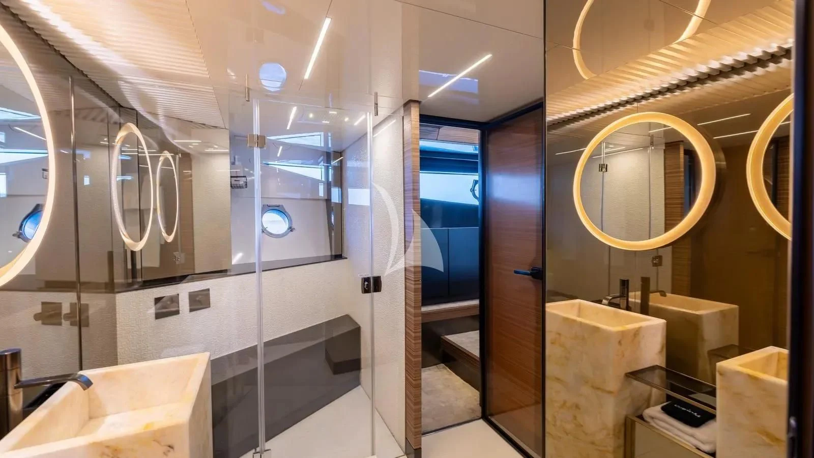 a room with a mirror and sinks aboard DATE NIGHT Yacht for Sale