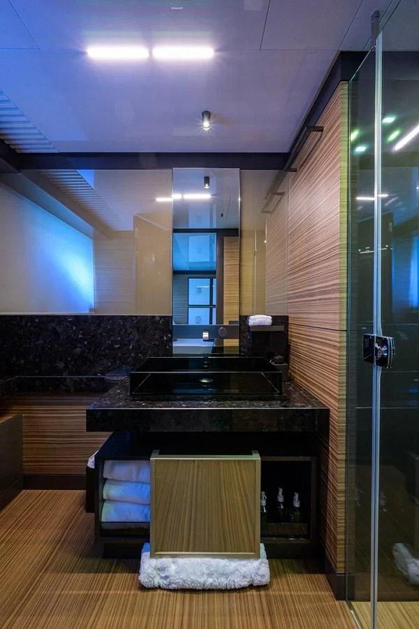 a kitchen with a glass door aboard DATE NIGHT Yacht for Sale