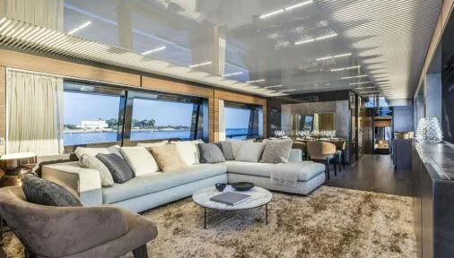 a living room with a large window aboard DATE NIGHT Yacht for Sale