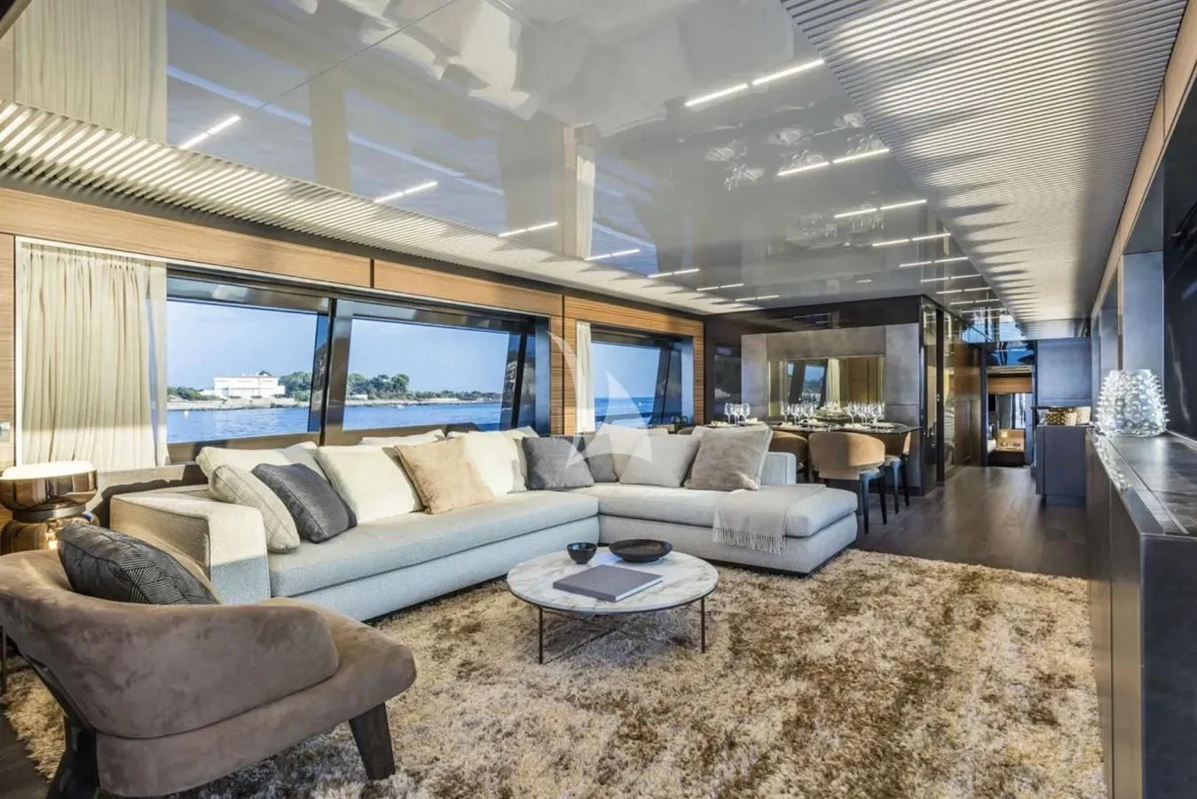 a living room with a large window aboard DATE NIGHT Yacht for Sale