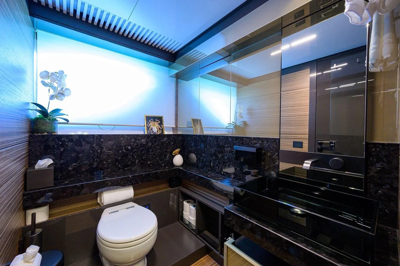 a bathroom with a large mirror aboard DATE NIGHT Yacht for Sale