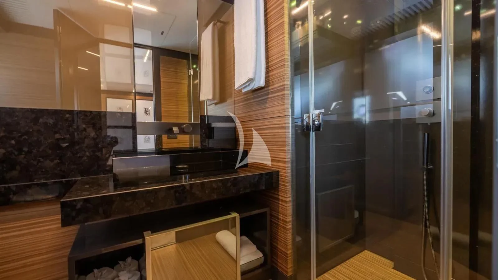 a kitchen with a glass door aboard DATE NIGHT Yacht for Sale