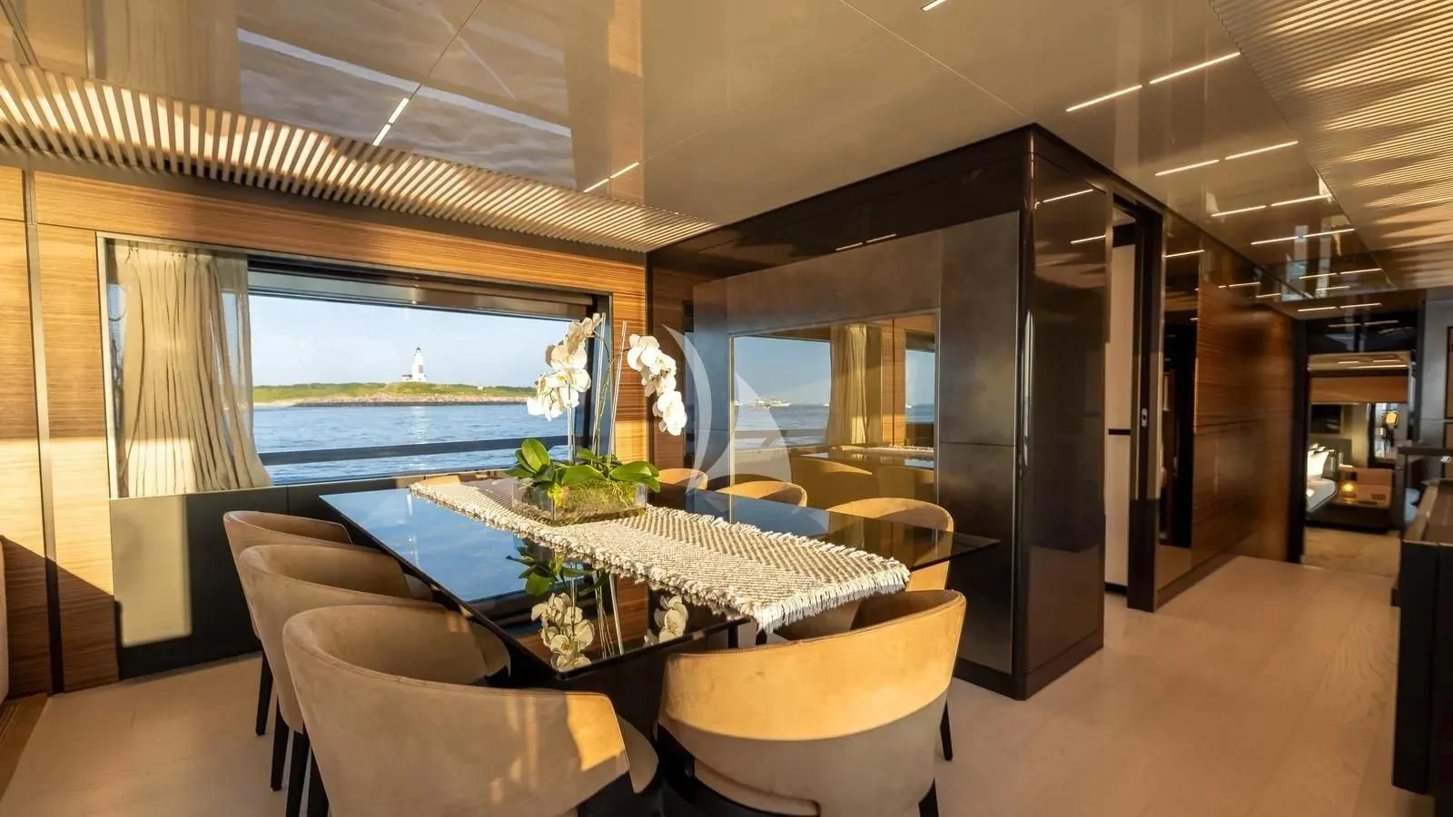 a room with a table and chairs aboard DATE NIGHT Yacht for Sale