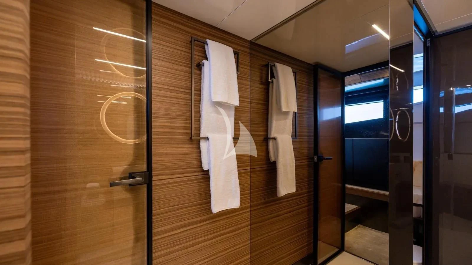 a bathroom with a large mirror aboard DATE NIGHT Yacht for Sale