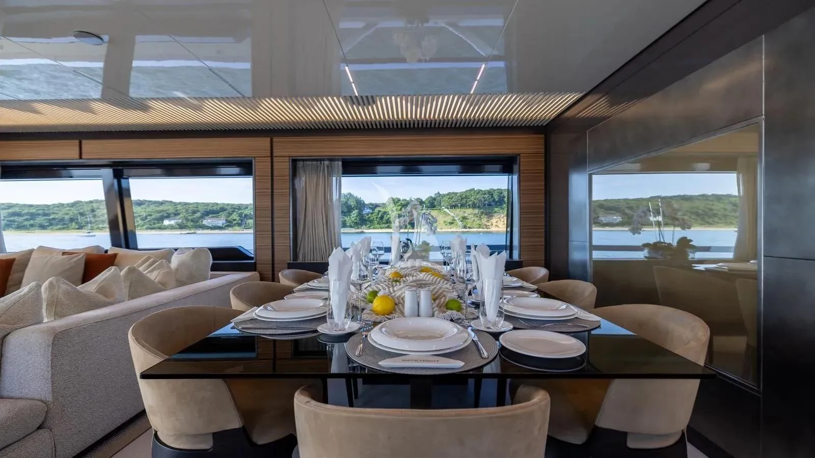 a dining table in a train aboard DATE NIGHT Yacht for Sale