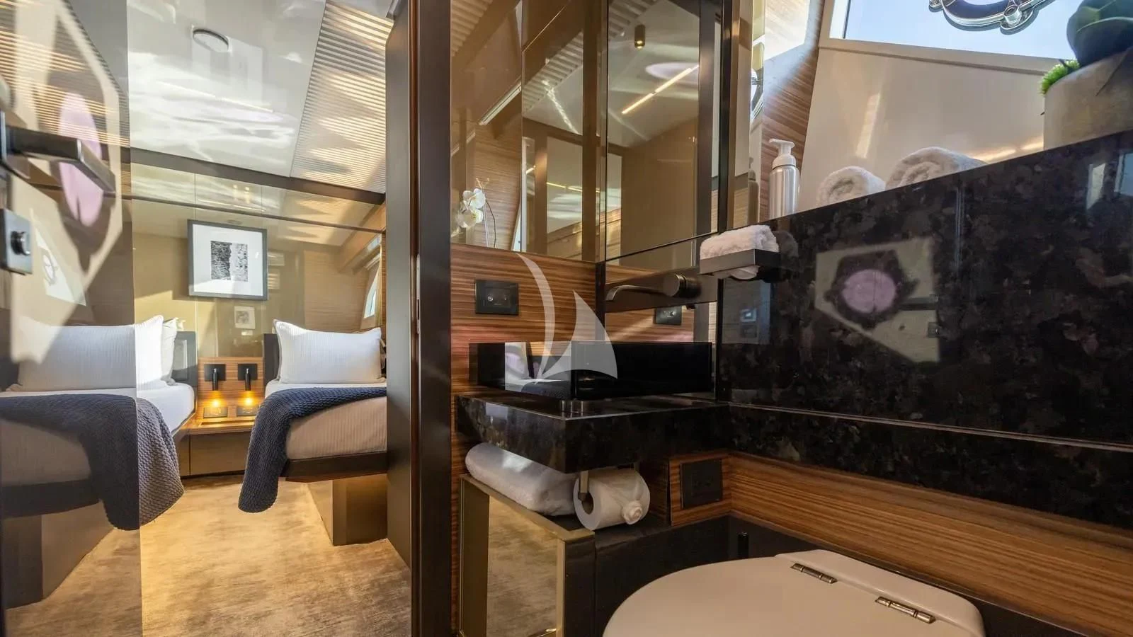 a room with a bed and a mirror aboard DATE NIGHT Yacht for Sale