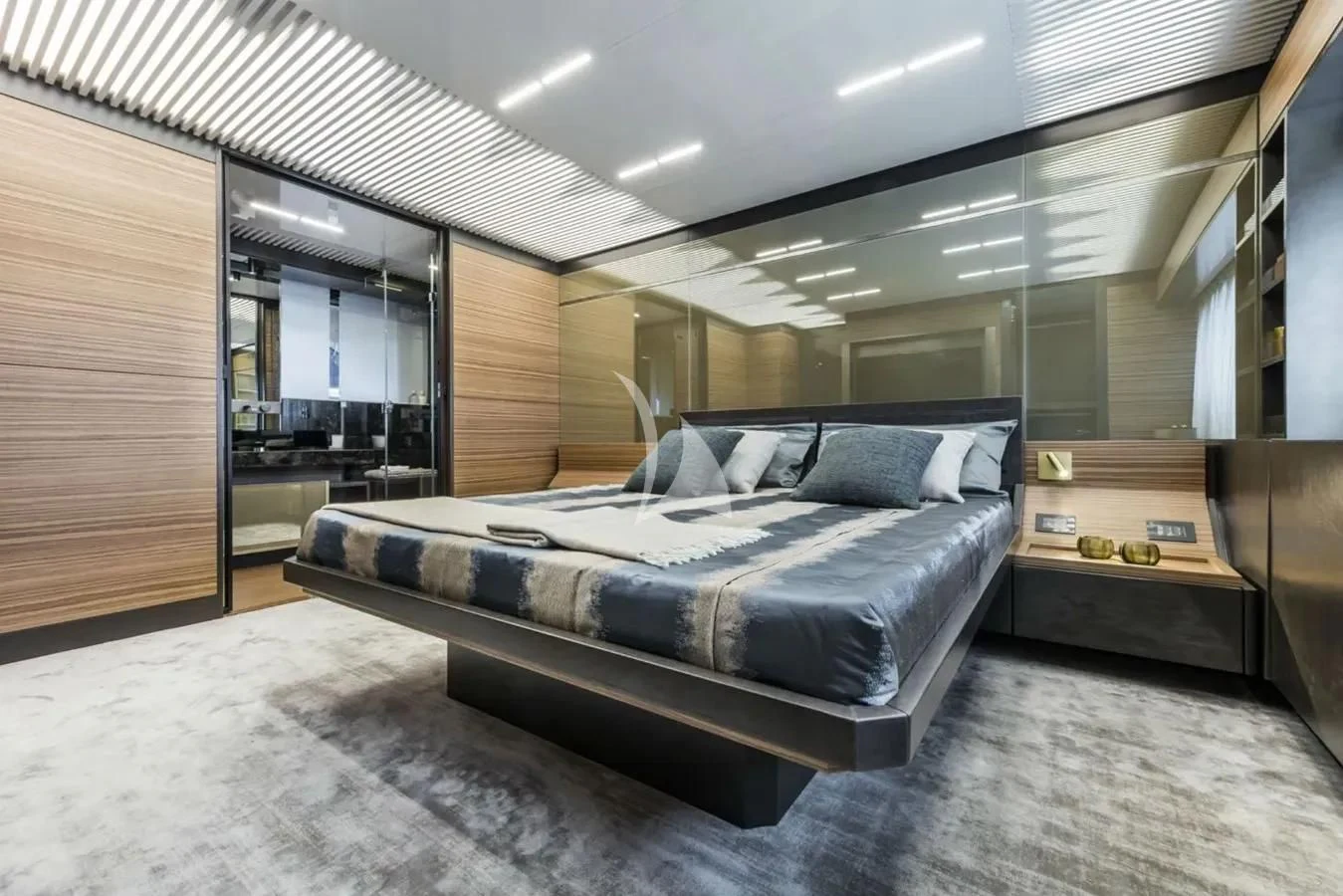 a bed in a room aboard DATE NIGHT Yacht for Sale