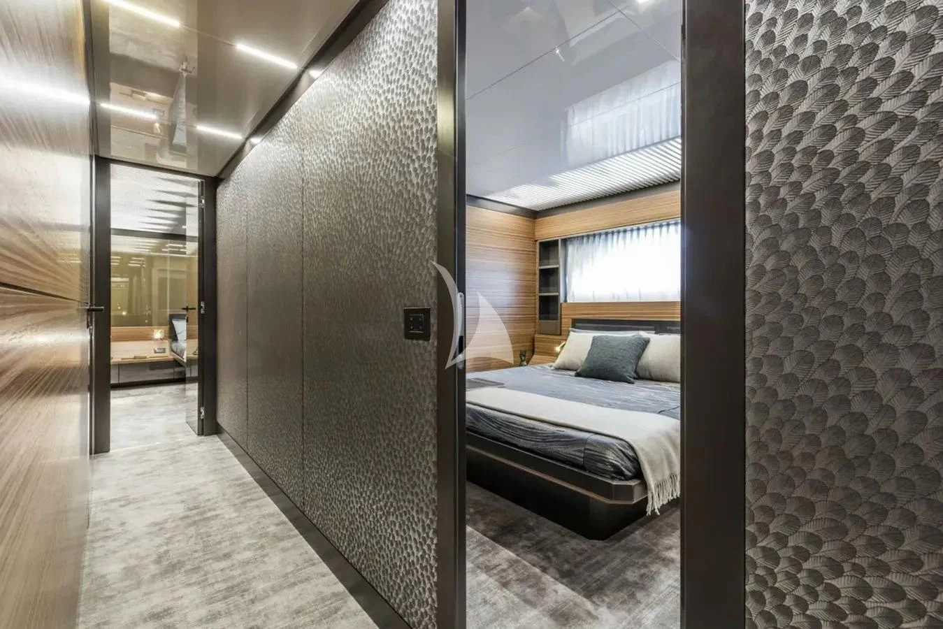 a bedroom with a bed and a window aboard DATE NIGHT Yacht for Sale