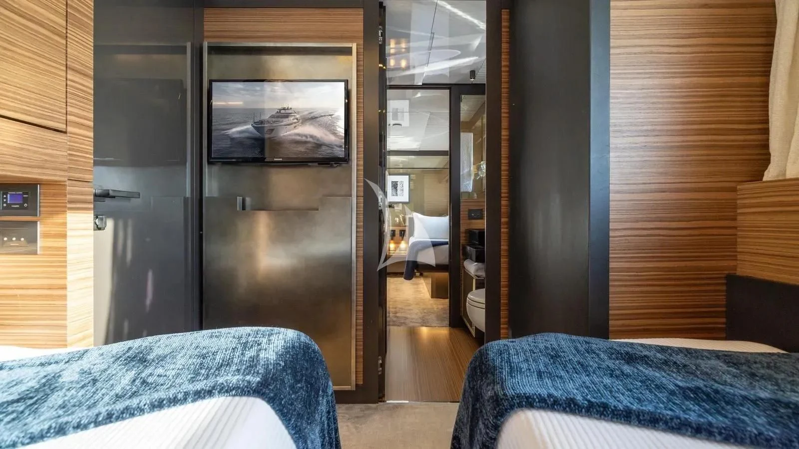 a room with a bed and a closet aboard DATE NIGHT Yacht for Sale